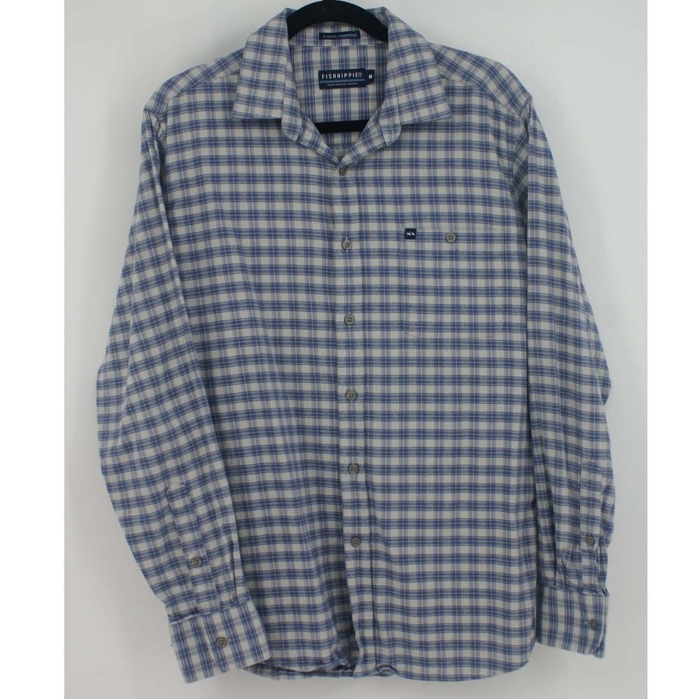 Fish Hippie Mens Flannel Shirt Blue White Plaid Long Sleeve Button Down Size M